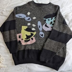 Vintage 80s 90s Novelty Coffee And Stripes Wool Blend Knit Crewneck Sweater